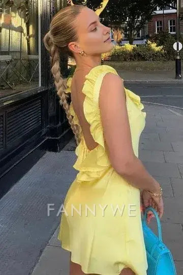 Vestido corto de fiesta FannyWe con tirantes amarillos, volantes y pliegues de satén, vestidos formales